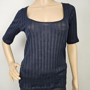 Vince Top Stretchy Ribbed Knit Square Neck Semi-Sheer Sz Medium Lagenlook